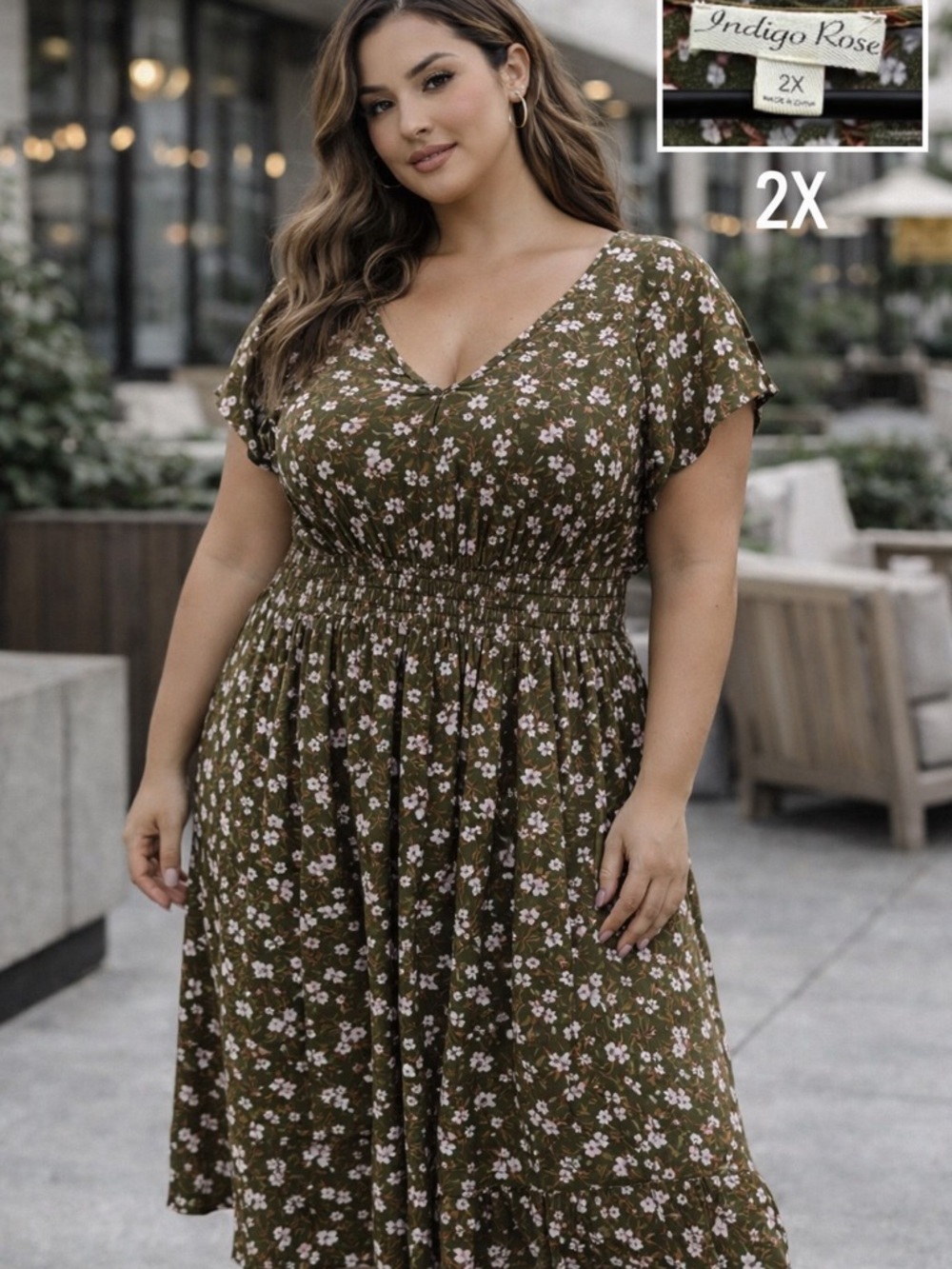 Olive Floral V-Neck Smocked Midi Dress - 2X